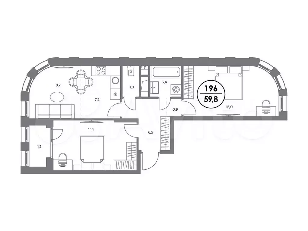 2-к. квартира, 60 м, 6/23 эт. - Фото 0