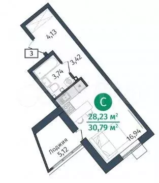 Квартира-студия, 31 м, 3/14 эт. - Фото 1