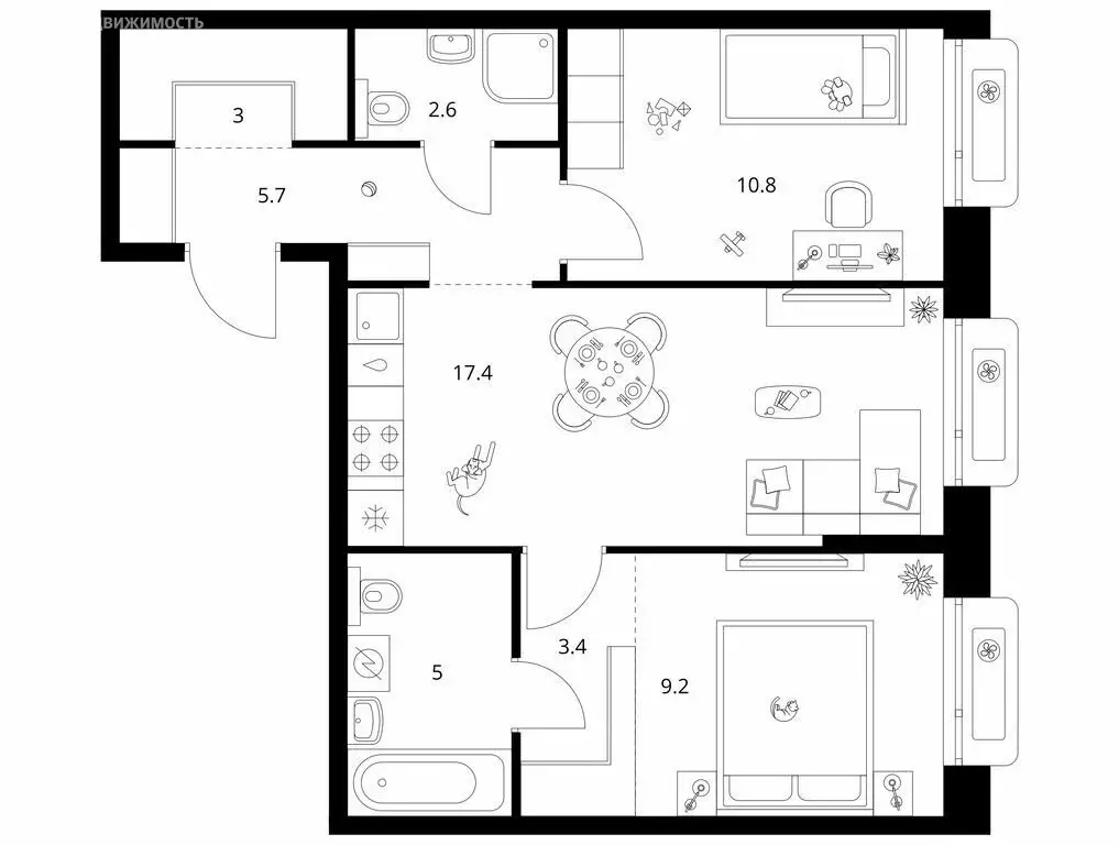 2-комнатная квартира: Казань, ЖК Сиберово, 3 (57.1 м) - Фото 1