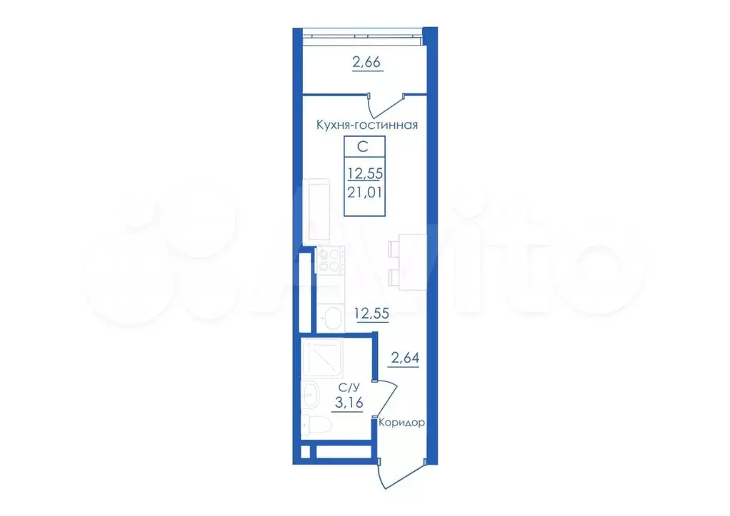 Квартира-студия, 21 м, 12/25 эт. - Фото 1