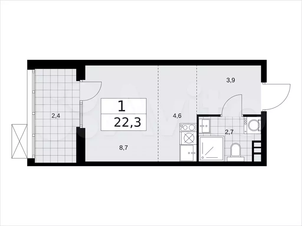 Квартира-студия, 22,3м, 13/15эт. - Фото 1