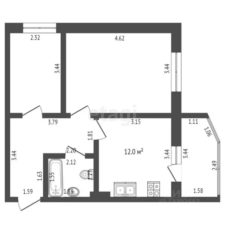 2-к кв. Ханты-Мансийский АО, Сургут Сосновая ул., 63 (53.3 м) - Фото 1