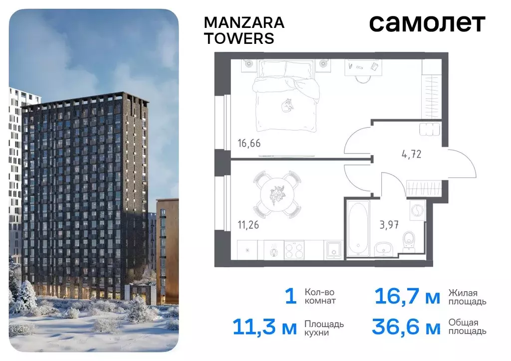 1-к кв. Татарстан, Казань ул. Сибирский Тракт, 34к9 (36.61 м) - Фото 0