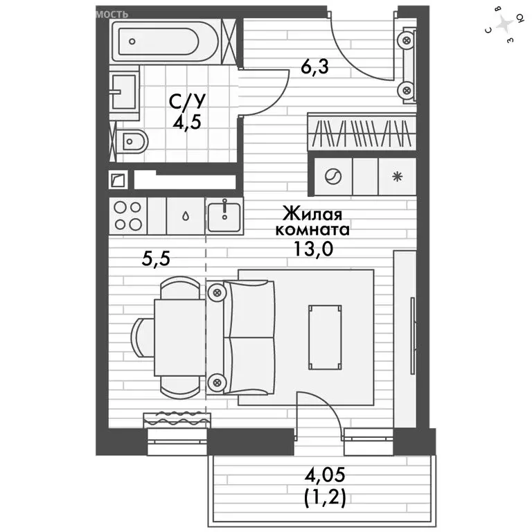 Квартира-студия: Зеленодольский район, Октябрьское сельское поселение, ... - Фото 2