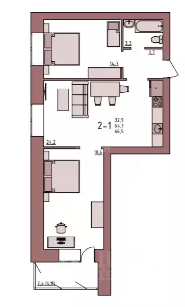 2-к кв. Вологодская область, Вологда Новгородская ул., 38 (66.5 м) - Фото 2