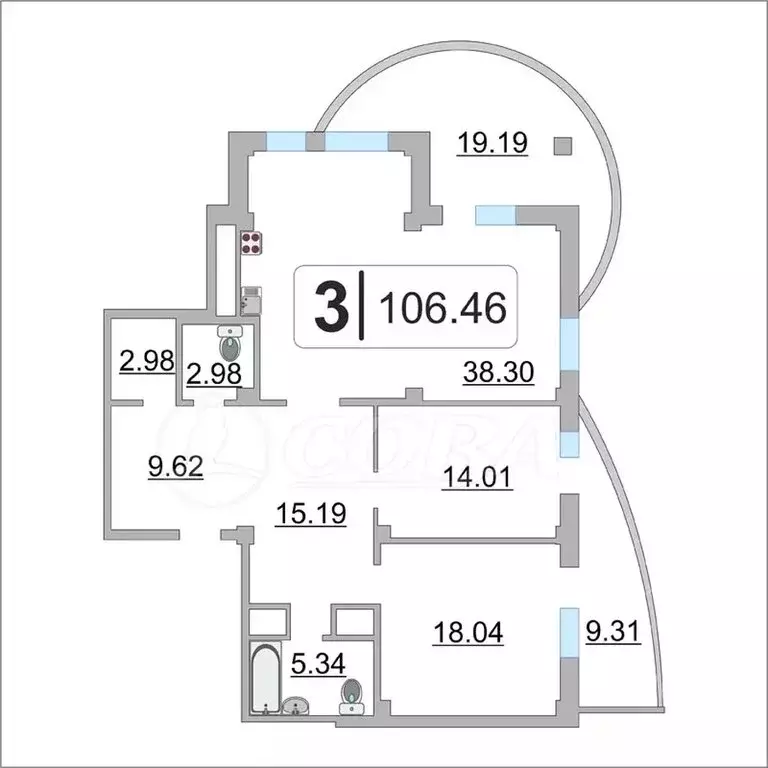 3-комнатная квартира: Тюмень, улица Федюнинского, 64к2 (106.4 м) - Фото 2