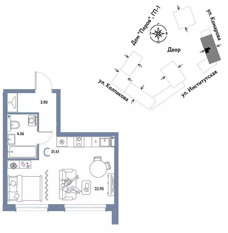 1-к квартира, 31.41 м - Фото 0