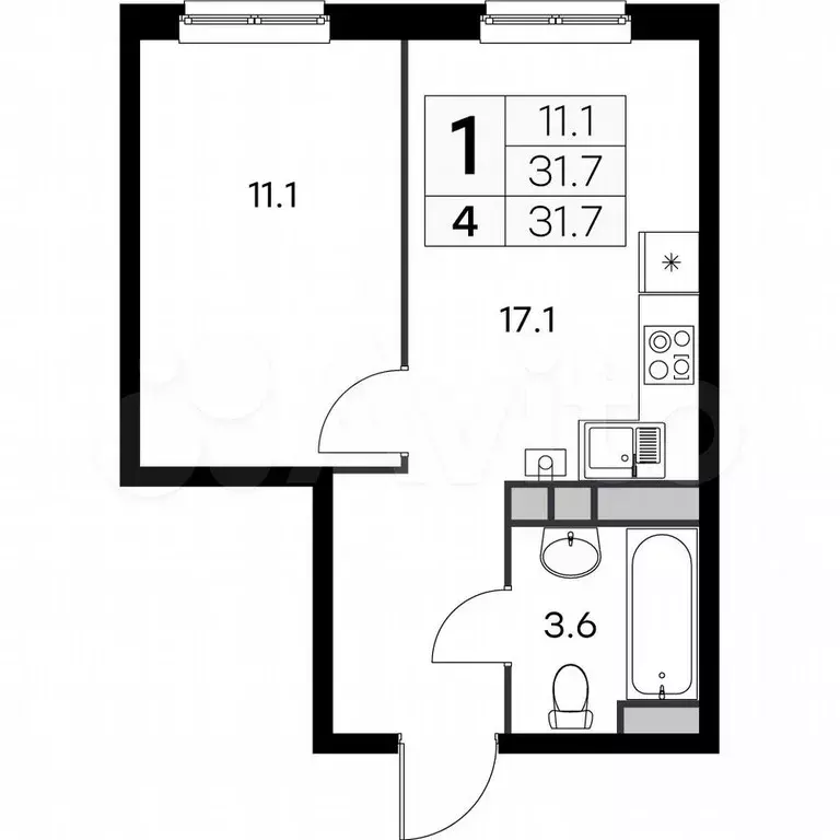 1-к. квартира, 31,7 м, 1/4 эт. - Фото 0
