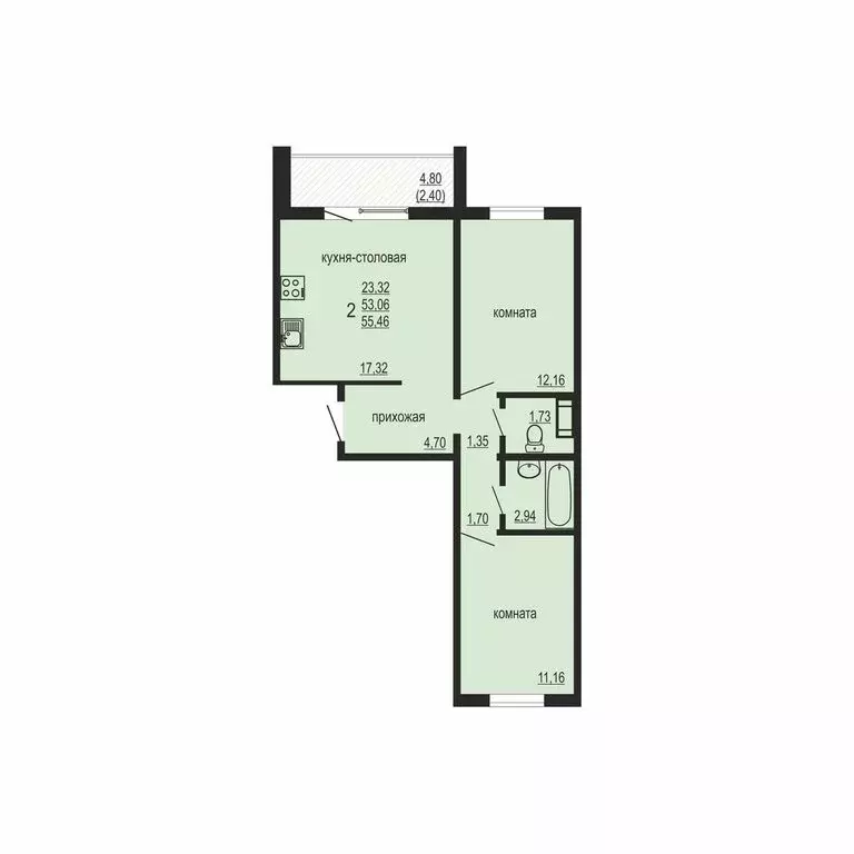 2-комнатная квартира: посёлок Западный, улица Дружбы, 6 (55.46 м) - Фото 1