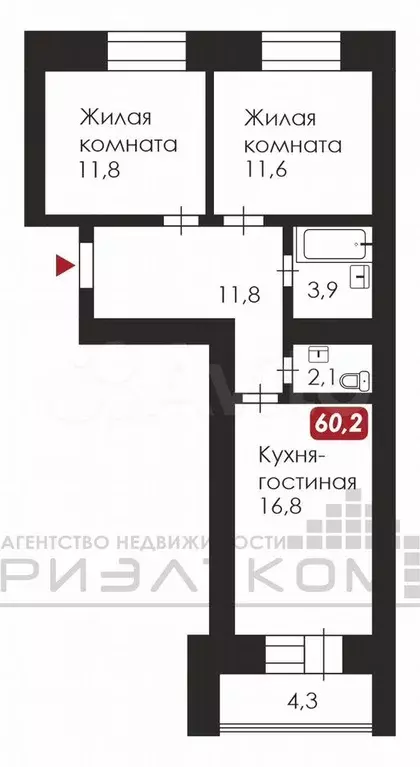 2-к. квартира, 60,2 м, 14/14 эт. - Фото 0