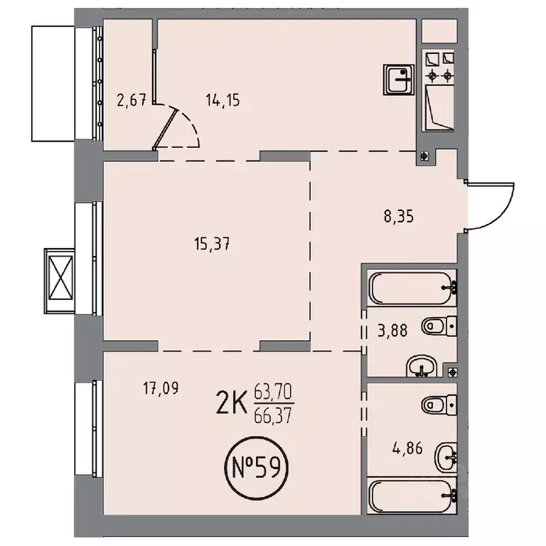 2-к кв. Иркутская область, Иркутск ул. Эдуара Дьяконова, 14 (66.37 м) - Фото 0