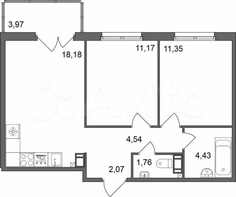 2-к. квартира, 54,7 м, 5/5 эт. - Фото 0