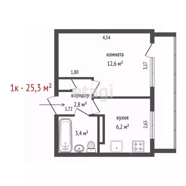 1-к кв. Свердловская область, Екатеринбург ул. Восстания, 58 (25.3 м) - Фото 2