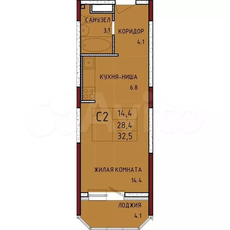 Квартира-студия, 32,5м, 8/17эт. - Фото 0