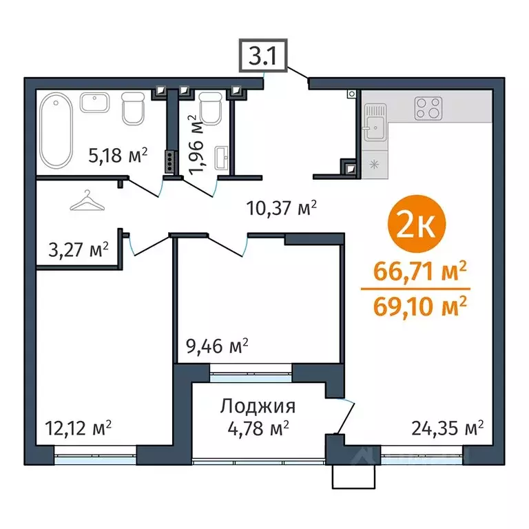 2-к кв. Тюменская область, Тюмень ул. Краснооктябрьская, 12 (66.71 м) - Фото 1