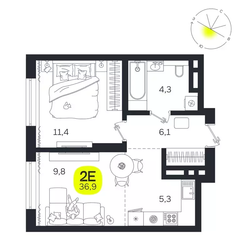 2-комнатная квартира: Екатеринбург, улица Титова, 19Б (36.9 м) - Фото 0