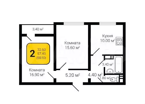 2-к. квартира, 59,1 м, 18/20 эт. - Фото 1