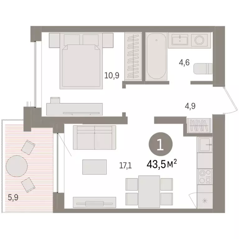 1-комнатная квартира: Тюмень, ЖК Дом у Озера (43.46 м) - Фото 1