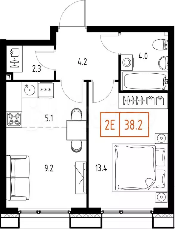 1-к. квартира, 38,2 м, 8/9 эт. - Фото 1