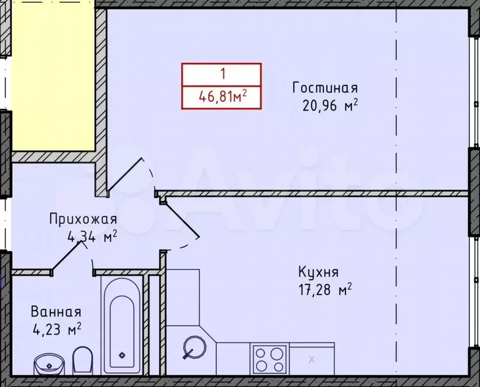 1-к. квартира, 46,8 м, 9/13 эт. - Фото 1