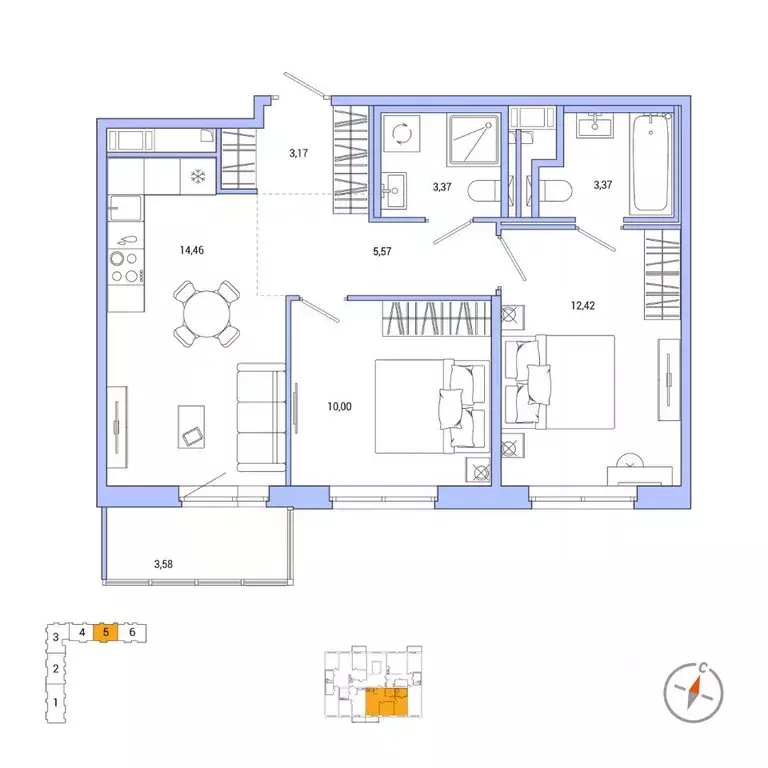 2-к кв. Санкт-Петербург Окла жилой комплекс (53.43 м) - Фото 0