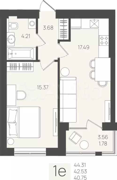 1-к. квартира, 42,5 м, 5/5 эт. - Фото 0