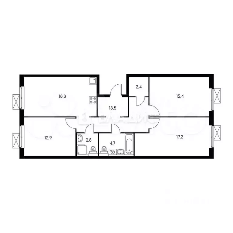 3-к. квартира, 89 м, 5/9 эт. - Фото 0