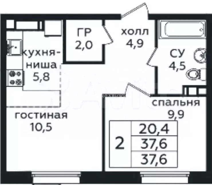 2-к. квартира, 37,6 м, 3/16 эт. - Фото 0