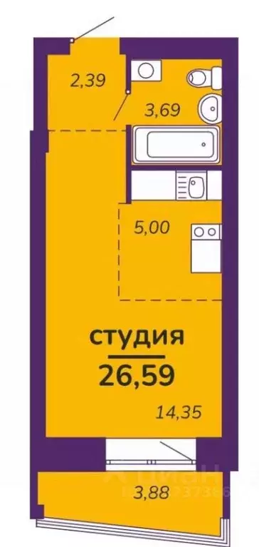 Студия Омская область, Омск ЖК Зеленый сад,  (26.59 м) - Фото 2