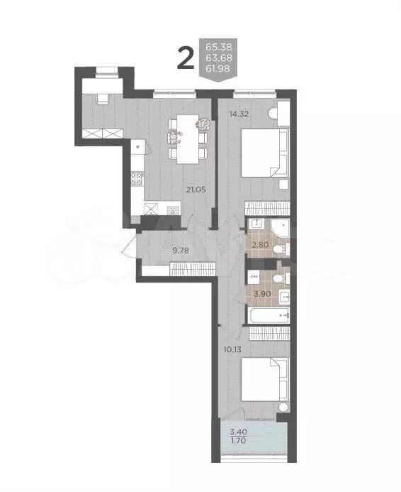 2-к. квартира, 65,4 м, 5/9 эт. - Фото 1