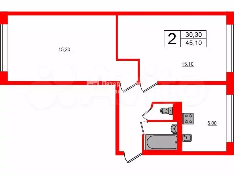 2-к. квартира, 45,1 м, 1/5 эт. - Фото 0