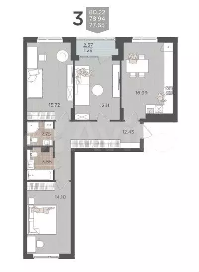 3-к. квартира, 80,2 м, 1/9 эт. - Фото 1