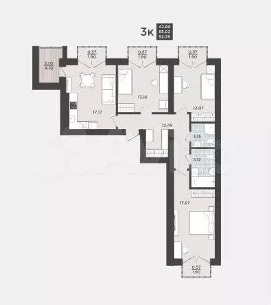 3-к. квартира, 92,4 м, 8/9 эт. - Фото 1