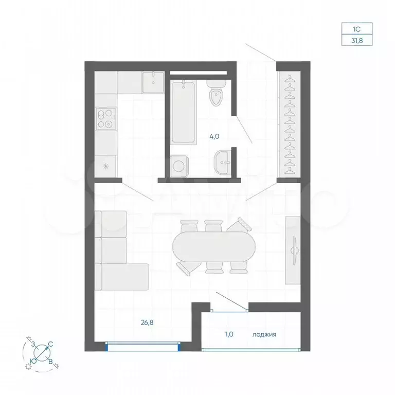 Квартира-студия, 31,7 м, 9/32 эт. - Фото 1