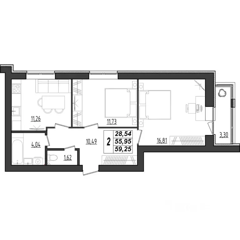2-к кв. Мордовия, Саранск Химмаш жилрайон, 4-й мкр,  (59.25 м) - Фото 1
