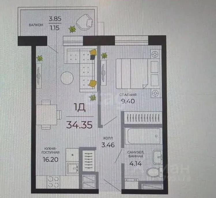 1-к кв. Татарстан, Казань Стадионная ул., 1 (33.0 м) - Фото 2