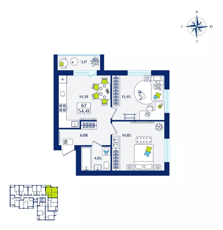 2-к кв. Калининградская область, Зеленоградск  (54.41 м) - Фото 1