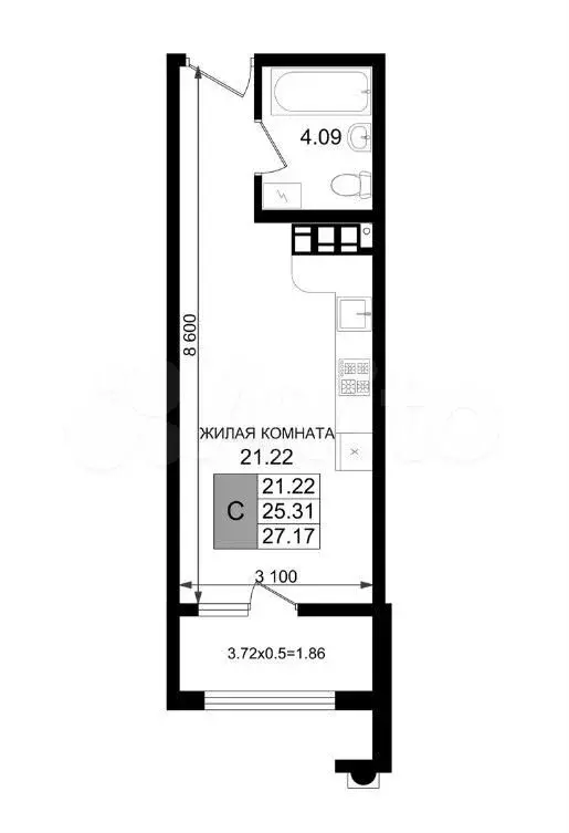 Квартира-студия, 27,2 м, 6/8 эт. - Фото 1