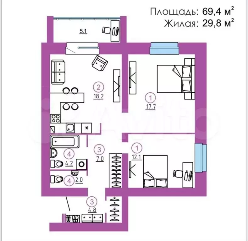 2-к. квартира, 69,4м, 9/9эт. - Фото 0