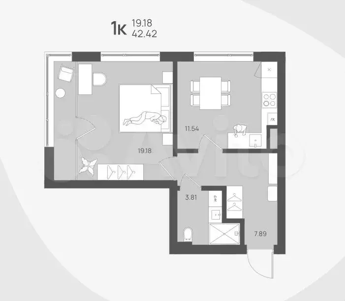 1-к. квартира, 42,4 м, 2/4 эт. - Фото 1