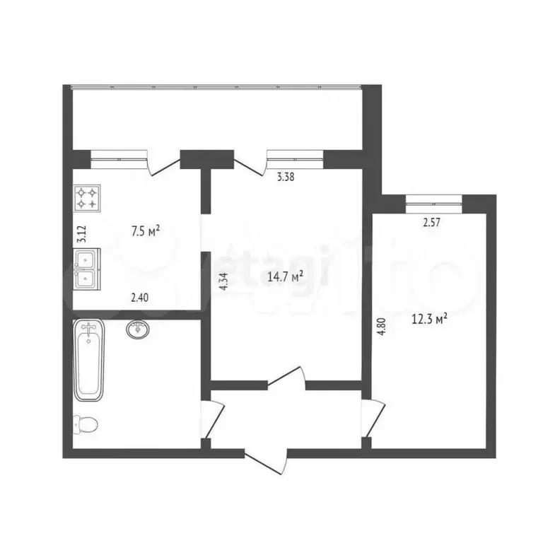 2-к. квартира, 46,7 м, 3/9 эт. - Фото 0