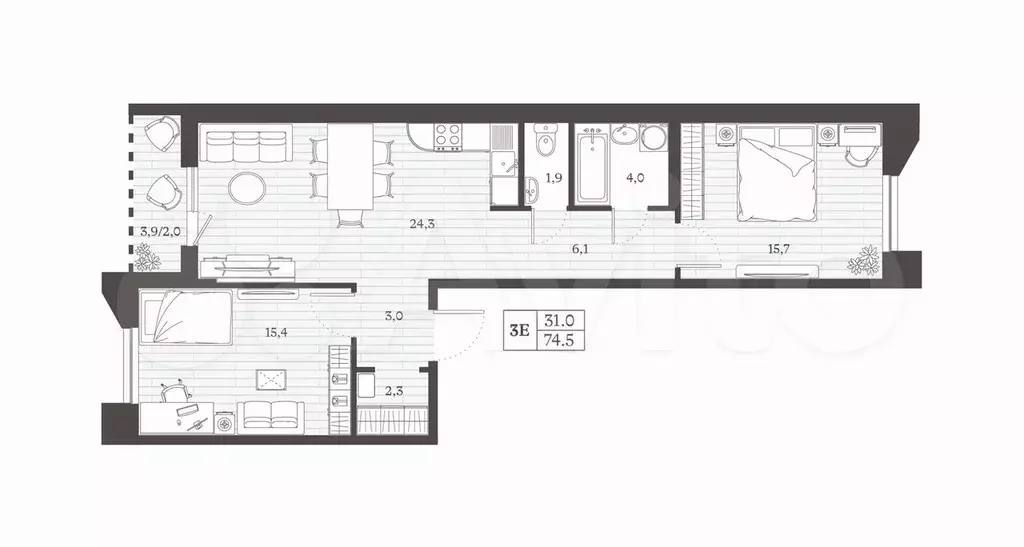 2-к. квартира, 74,5 м, 2/8 эт. - Фото 0