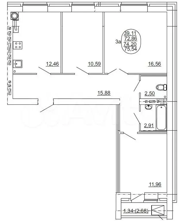 3-к. квартира, 74,2 м, 1/9 эт. - Фото 1