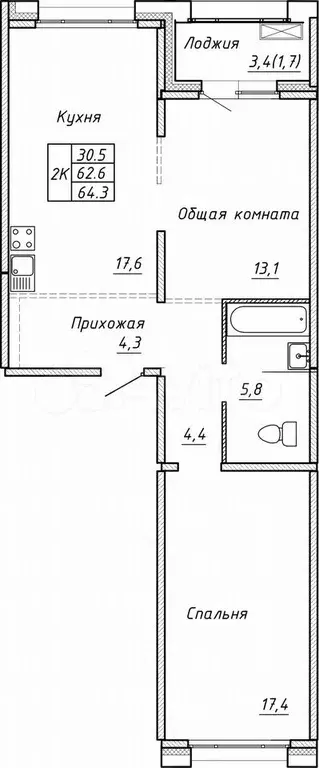 Своб. планировка, 64,3 м, 1/15 эт. - Фото 0