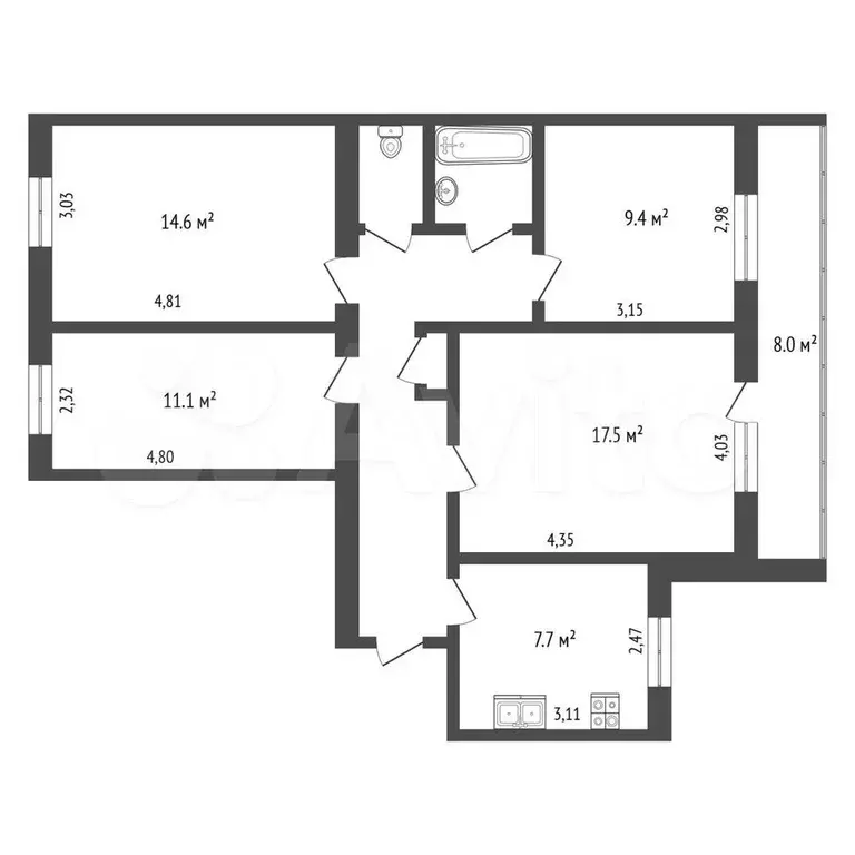 4-к. квартира, 74,6 м, 3/9 эт. - Фото 0