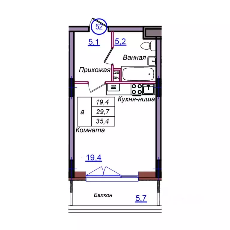 Студия Калининградская область, Светлогорск Балтийская ул. (35.4 м) - Фото 1