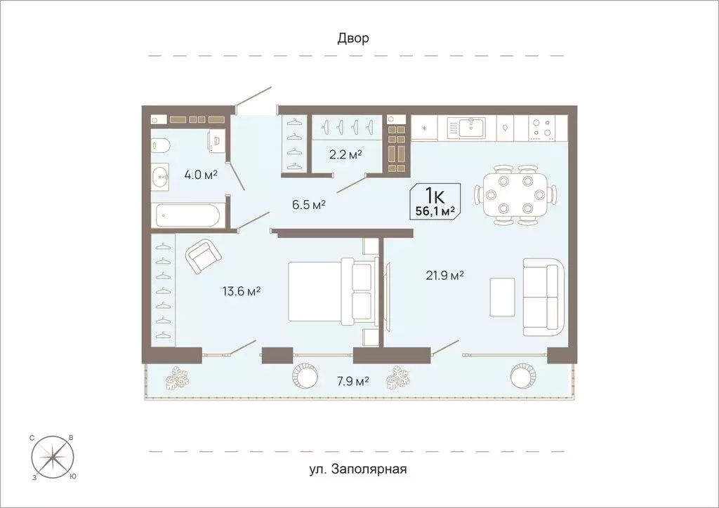 1-комнатная квартира: Тюмень, Заполярная улица, 3 (56.1 м) - Фото 0