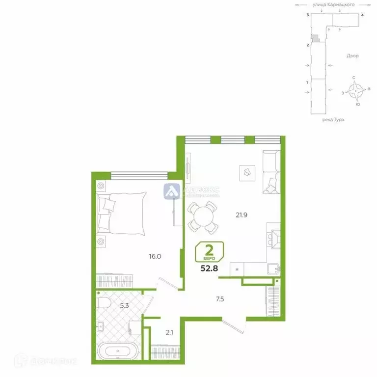 2-комнатная квартира: Тюмень, улица Евгения Войнова, 3 (52.8 м) - Фото 1