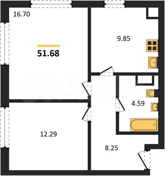 2-к. квартира, 51,7 м, 4/4 эт. - Фото 1