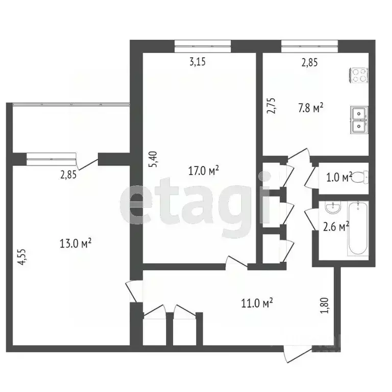 2-к кв. Ямало-Ненецкий АО, Новый Уренгой Советский мкр, 7/2 (52.9 м) - Фото 2